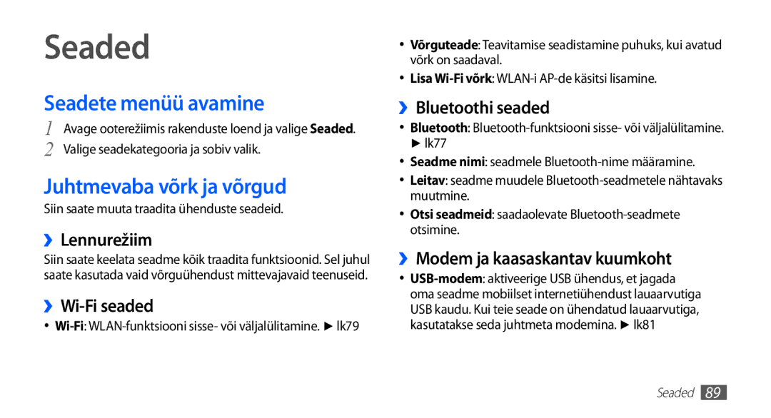 Samsung GT-S5570AAASEB, GT-S5570CWAOMT, GT-S5570EGASEB manual Seaded, Seadete menüü avamine, Juhtmevaba võrk ja võrgud 