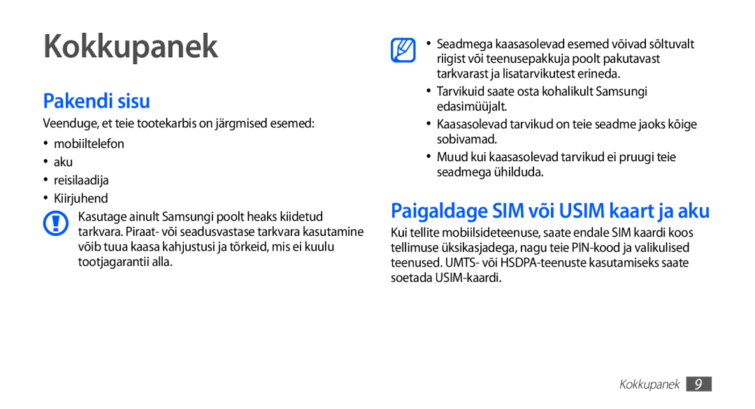 Samsung GT-S5570AAASEB, GT-S5570CWAOMT, GT-S5570EGASEB, GT-S5570EGAOMT, GT-S5570CWASEB manual Kokkupanek, Pakendi sisu 