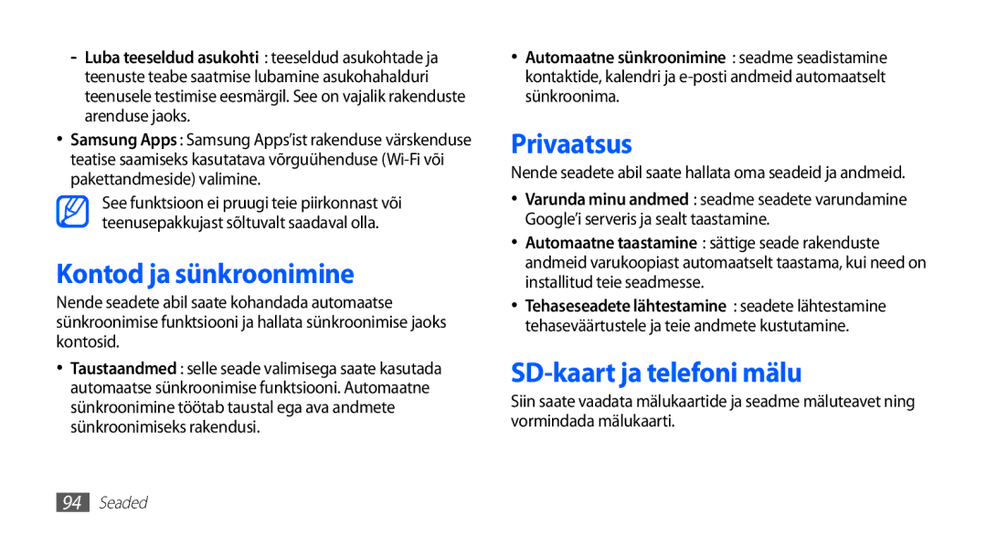 Samsung GT-S5570AAASEB, GT-S5570CWAOMT, GT-S5570EGASEB manual Kontod ja sünkroonimine, Privaatsus, SD-kaart ja telefoni mälu 