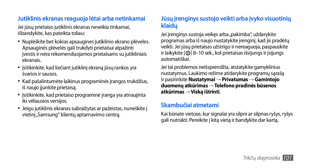 Samsung GT-S5570EGASEB, GT-S5570CWAOMT, GT-S5570EGAOMT manual Jūsų įrenginys sustojo veikti arba įvyko visuotinių klaidų 