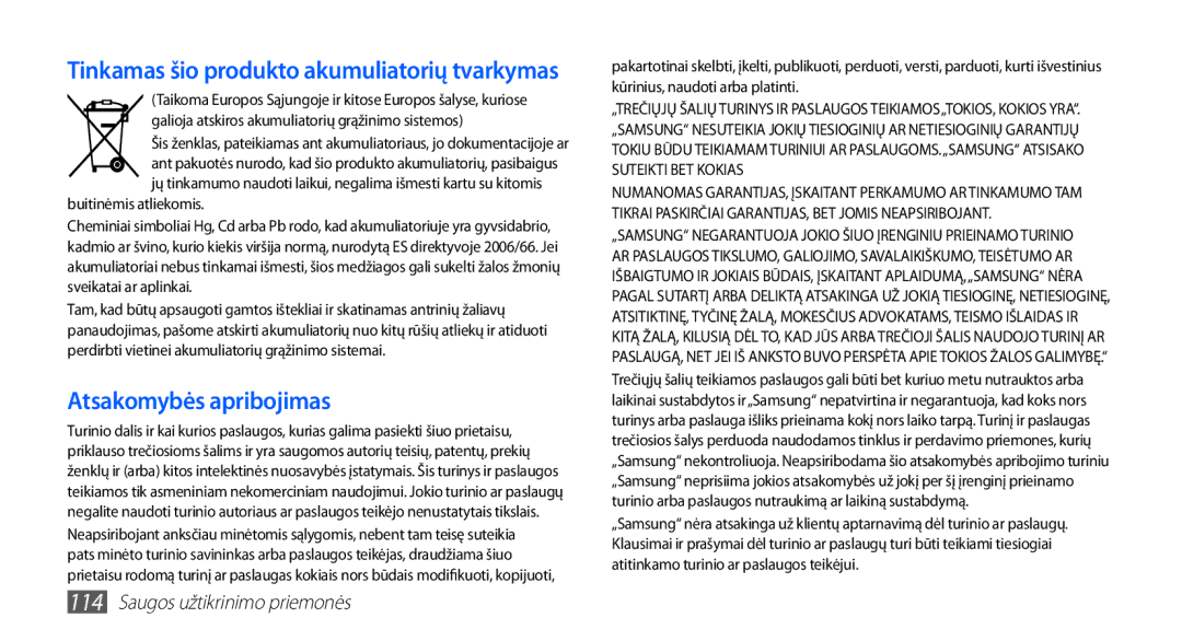 Samsung GT-S5570AAASEB, GT-S5570CWAOMT, GT-S5570EGASEB, GT-S5570EGAOMT, GT-S5570CWASEB manual Atsakomybės apribojimas 