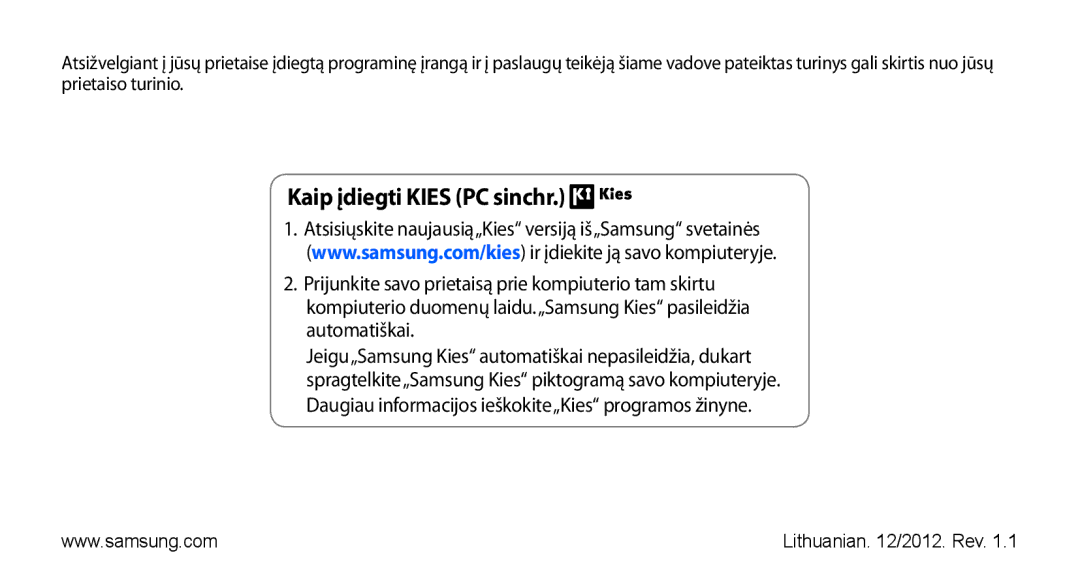 Samsung GT-S5570AAASEB, GT-S5570CWAOMT, GT-S5570EGASEB, GT-S5570EGAOMT, GT-S5570CWASEB manual Kaip įdiegti Kies PC sinchr 