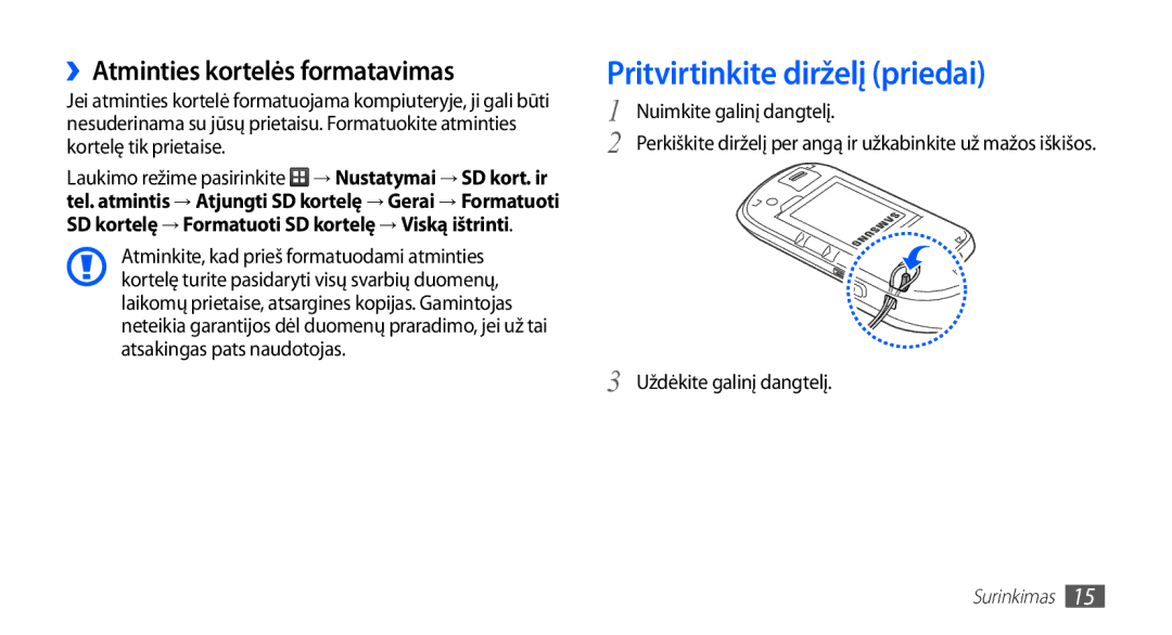 Samsung GT-S5570CWAOMT, GT-S5570EGASEB, GT-S5570EGAOMT Pritvirtinkite dirželį priedai, ››Atminties kortelės formatavimas 