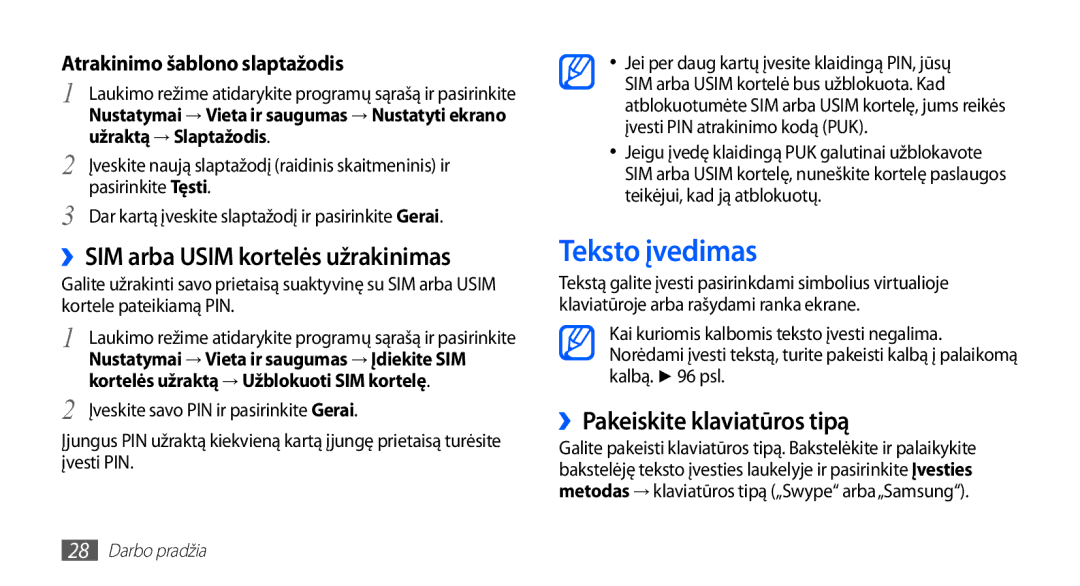 Samsung GT-S5570CWASEB manual Teksto įvedimas, ››SIM arba Usim kortelės užrakinimas, ››Pakeiskite klaviatūros tipą 