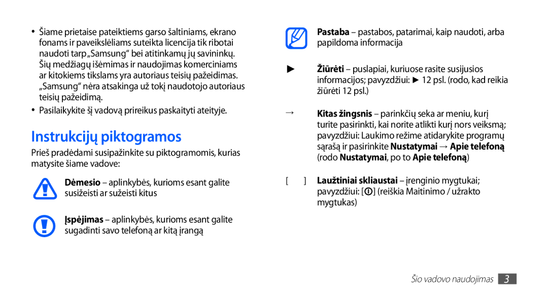 Samsung GT-S5570CWASEB, GT-S5570CWAOMT, GT-S5570EGASEB, GT-S5570EGAOMT, GT-S5570AAASEB manual Instrukcijų piktogramos, Mygtukas 