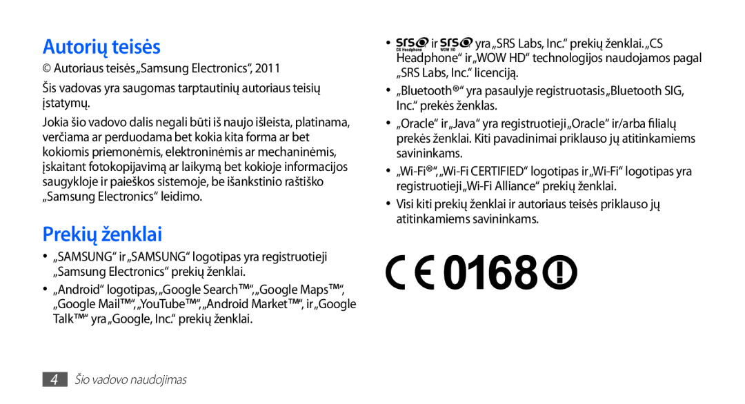 Samsung GT-S5570AAASEB, GT-S5570CWAOMT, GT-S5570EGASEB, GT-S5570EGAOMT, GT-S5570CWASEB manual Autorių teisės, Prekių ženklai 