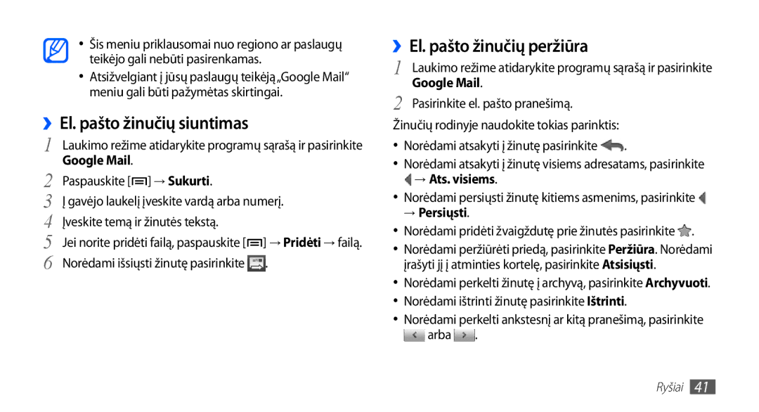 Samsung GT-S5570EGASEB manual ››El. pašto žinučių siuntimas, ››El. pašto žinučių peržiūra, Google Mail, → Ats. visiems 