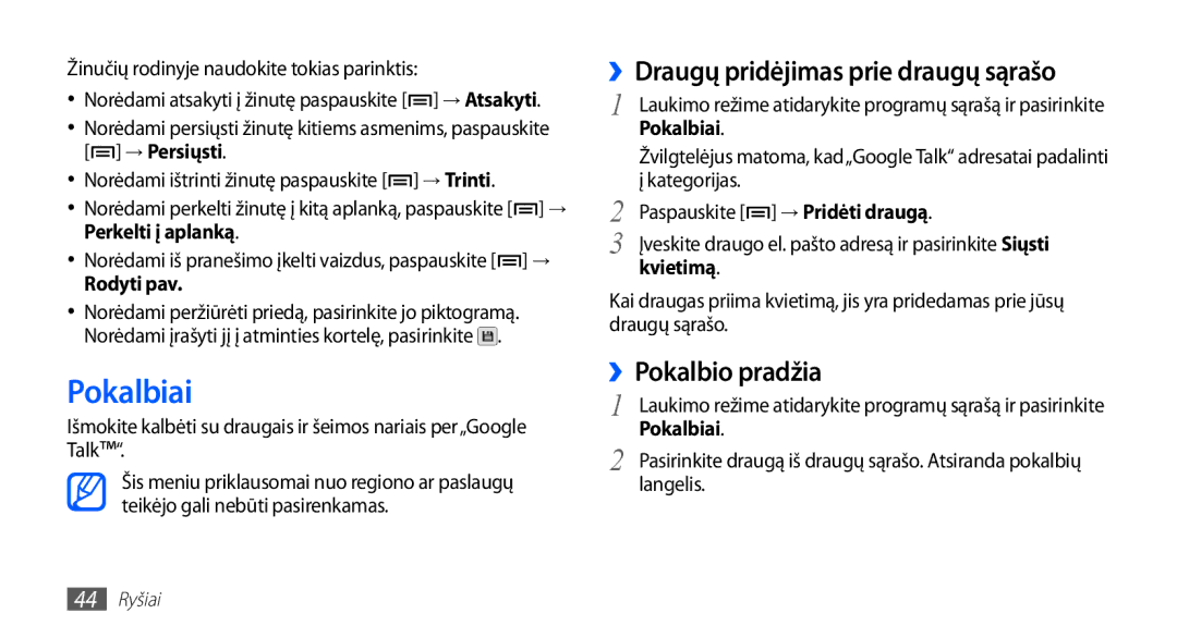 Samsung GT-S5570AAASEB, GT-S5570CWAOMT manual Pokalbiai, ››Draugų pridėjimas prie draugų sąrašo, ››Pokalbio pradžia 