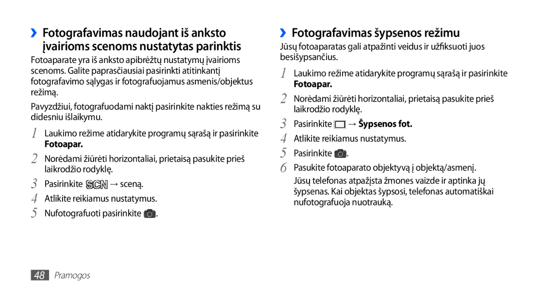 Samsung GT-S5570CWASEB, GT-S5570CWAOMT, GT-S5570EGASEB, GT-S5570EGAOMT manual ››Fotografavimas šypsenos režimu, Fotoapar 