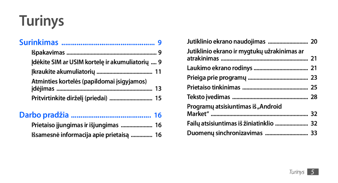 Samsung GT-S5570CWAOMT, GT-S5570EGASEB, GT-S5570EGAOMT, GT-S5570CWASEB manual Turinys, Programų atsisiuntimas iš„Android 