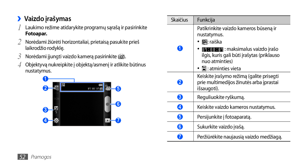 Samsung GT-S5570EGAOMT, GT-S5570CWAOMT, GT-S5570EGASEB, GT-S5570CWASEB, GT-S5570AAASEB manual ››Vaizdo įrašymas 