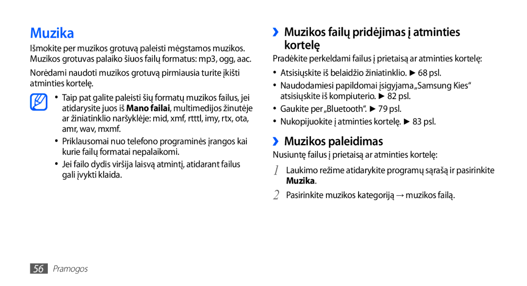 Samsung GT-S5570EGASEB, GT-S5570CWAOMT manual Muzika, ››Muzikos failų pridėjimas į atminties kortelę, ››Muzikos paleidimas 