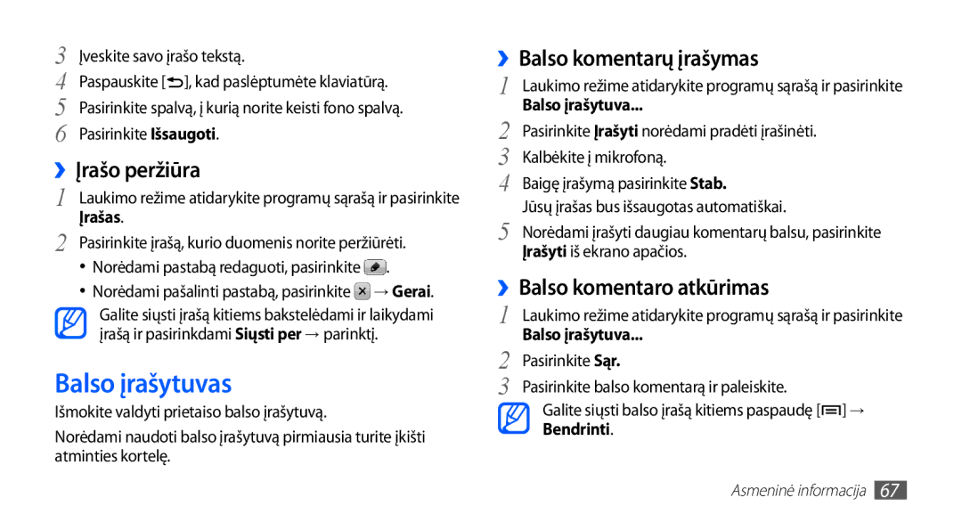 Samsung GT-S5570EGAOMT manual Balso įrašytuvas, ››Įrašo peržiūra, ››Balso komentarų įrašymas, ››Balso komentaro atkūrimas 