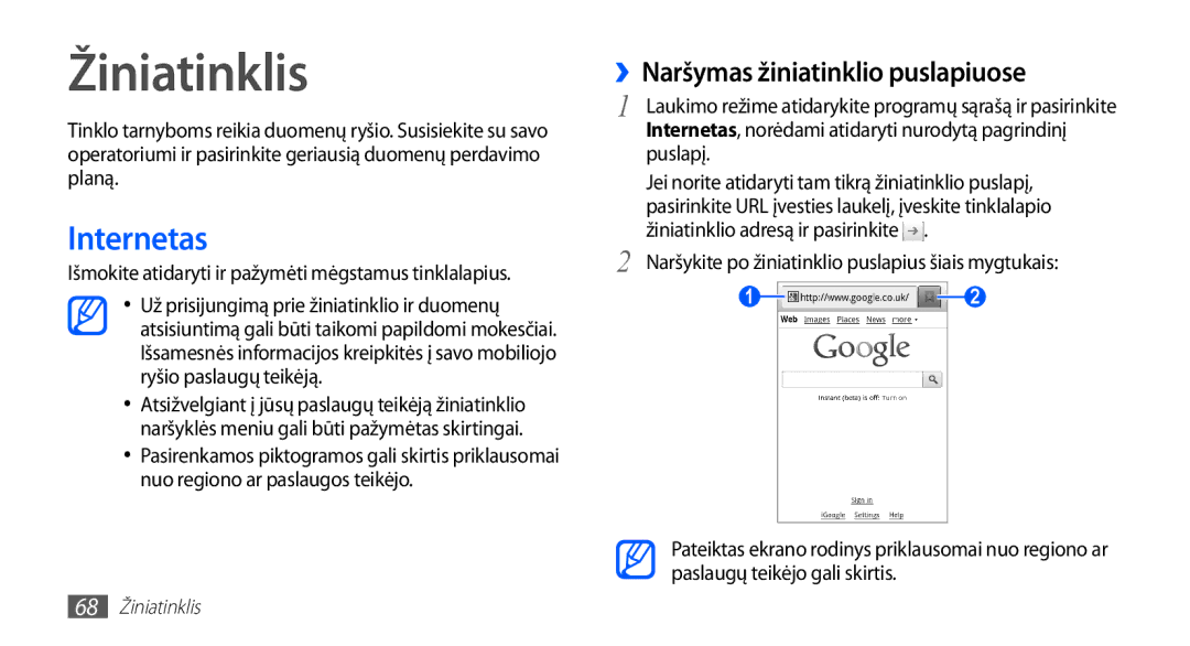 Samsung GT-S5570CWASEB, GT-S5570CWAOMT manual Žiniatinklis, Internetas, ››Naršymas žiniatinklio puslapiuose, Puslapį 