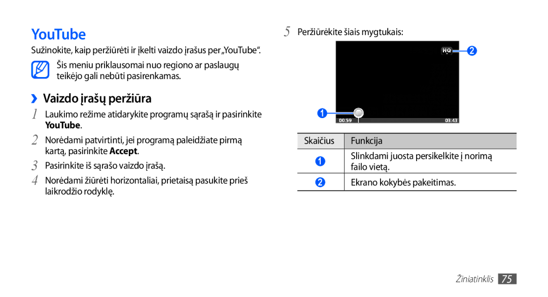 Samsung GT-S5570CWAOMT, GT-S5570EGASEB, GT-S5570EGAOMT, GT-S5570CWASEB, GT-S5570AAASEB manual YouTube, ››Vaizdo įrašų peržiūra 