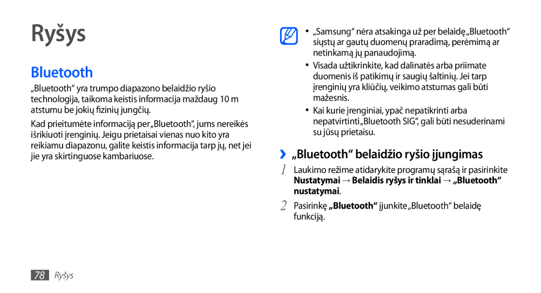 Samsung GT-S5570CWASEB, GT-S5570CWAOMT manual Ryšys, ››„Bluetooth belaidžio ryšio įjungimas, Nustatymai, Funkciją 