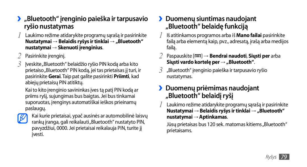 Samsung GT-S5570AAASEB, GT-S5570CWAOMT, GT-S5570EGASEB manual ››Duomenų priėmimas naudojant, „Bluetooth belaidį ryšį 