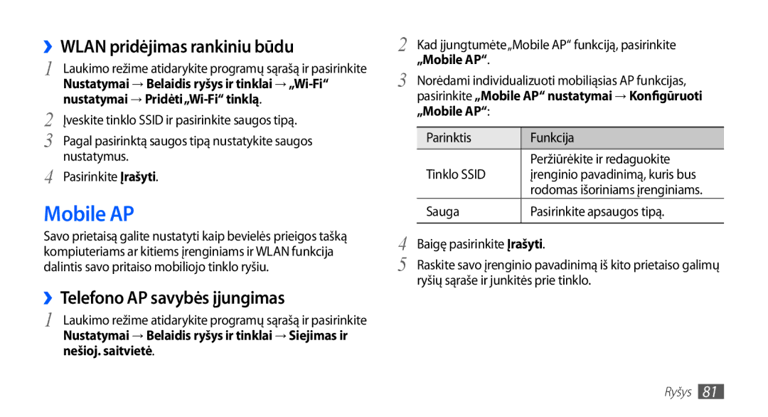 Samsung GT-S5570EGASEB, GT-S5570CWAOMT manual Mobile AP, ››WLAN pridėjimas rankiniu būdu, ››Telefono AP savybės įjungimas 
