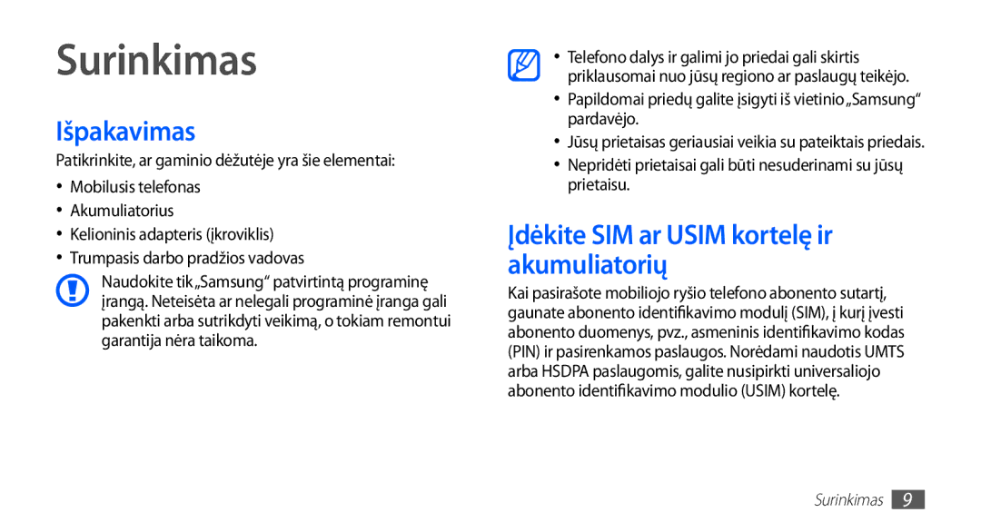 Samsung GT-S5570AAASEB, GT-S5570CWAOMT manual Surinkimas, Išpakavimas, Įdėkite SIM ar Usim kortelę ir akumuliatorių 