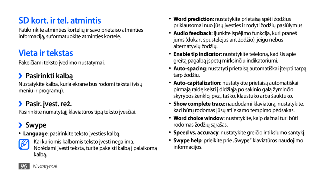 Samsung GT-S5570EGASEB manual SD kort. ir tel. atmintis, Vieta ir tekstas, ››Pasirinkti kalbą, ››Pasir. įvest. rež, ››Swype 