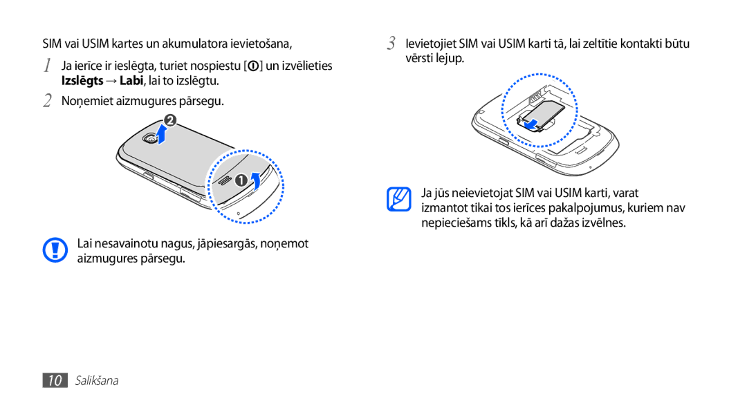 Samsung GT-S5570CWAOMT, GT-S5570EGASEB SIM vai Usim kartes un akumulatora ievietošana, Izslēgts → Labi, lai to izslēgtu 