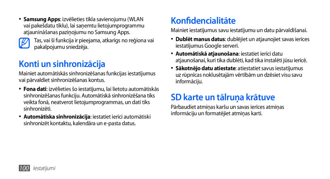 Samsung GT-S5570CWAOMT, GT-S5570EGASEB manual Konti un sinhronizācija, Konfidencialitāte, SD karte un tālruņa krātuve 