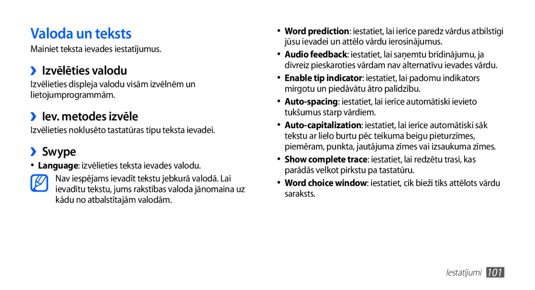 Samsung GT-S5570EGASEB, GT-S5570CWAOMT manual Valoda un teksts, ››Izvēlēties valodu, ››Iev. metodes izvēle, ››Swype 
