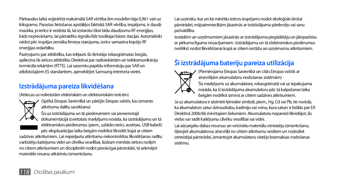 Samsung GT-S5570CWASEB, GT-S5570CWAOMT, GT-S5570EGASEB, GT-S5570EGAOMT, GT-S5570AAASEB manual Izstrādājuma pareiza likvidēšana 