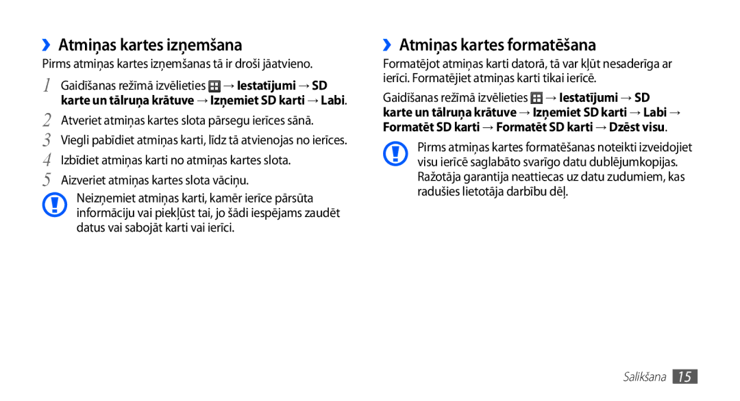 Samsung GT-S5570CWAOMT, GT-S5570EGASEB, GT-S5570EGAOMT manual ››Atmiņas kartes izņemšana, ››Atmiņas kartes formatēšana 