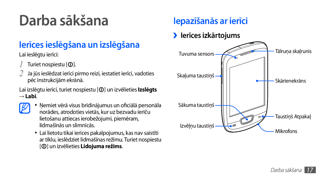 Samsung GT-S5570EGAOMT, GT-S5570CWAOMT, GT-S5570EGASEB manual Darba sākšana, Ierīces ieslēgšana un izslēgšana, → Labi 