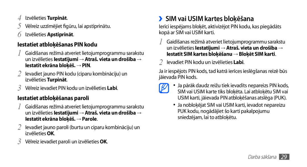 Samsung GT-S5570AAASEB, GT-S5570CWAOMT, GT-S5570EGASEB manual ››SIM vai Usim kartes bloķēšana, Iestatīt ekrāna bloķēš. → PIN 