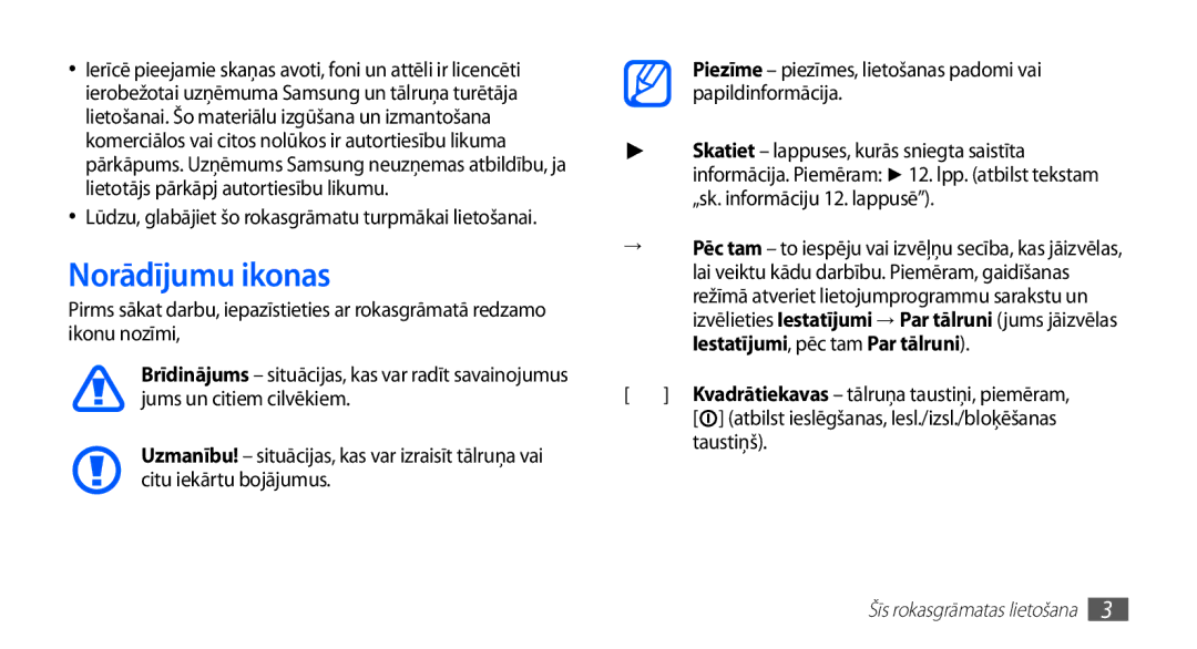 Samsung GT-S5570CWASEB, GT-S5570CWAOMT, GT-S5570EGASEB, GT-S5570EGAOMT, GT-S5570AAASEB manual Norādījumu ikonas, Taustiņš 