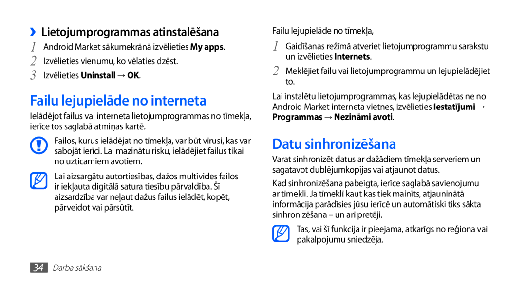 Samsung GT-S5570AAASEB manual Failu lejupielāde no interneta, Datu sinhronizēšana, ››Lietojumprogrammas atinstalēšana 