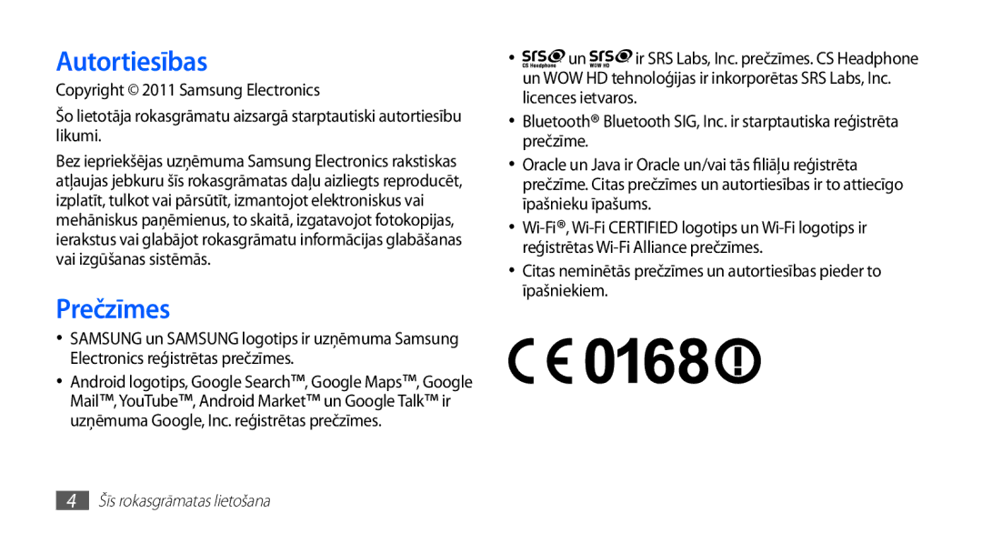 Samsung GT-S5570AAASEB, GT-S5570CWAOMT, GT-S5570EGASEB, GT-S5570EGAOMT, GT-S5570CWASEB manual Autortiesības, Prečzīmes 