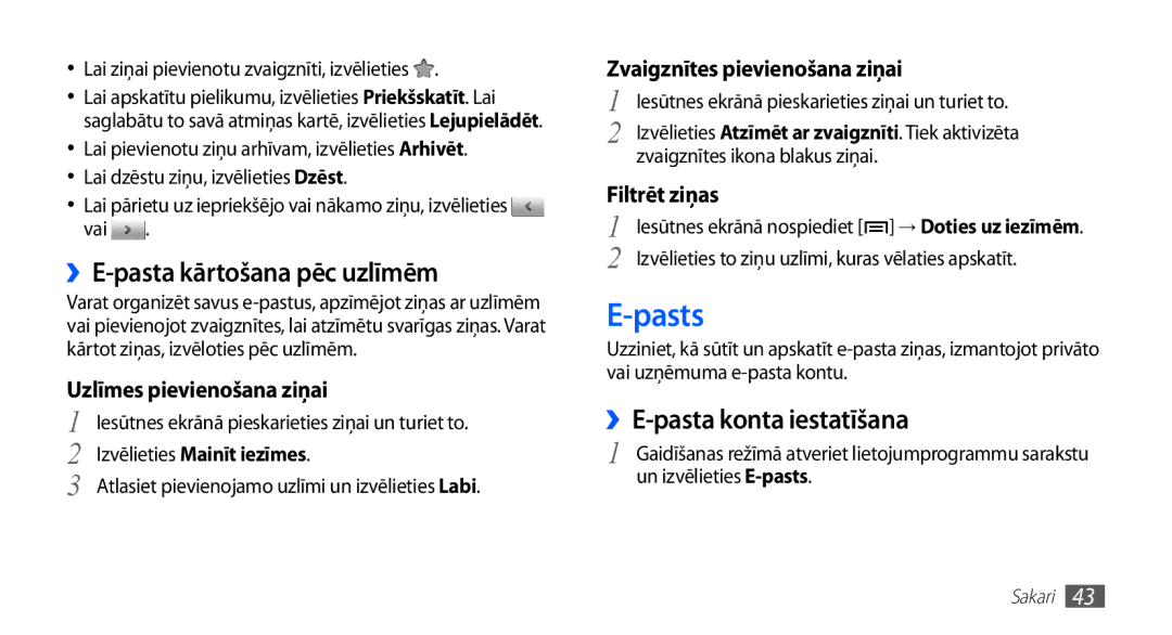 Samsung GT-S5570CWASEB Pasts, ››E-pasta kārtošana pēc uzlīmēm, ››E-pasta konta iestatīšana, Izvēlieties Mainīt iezīmes 