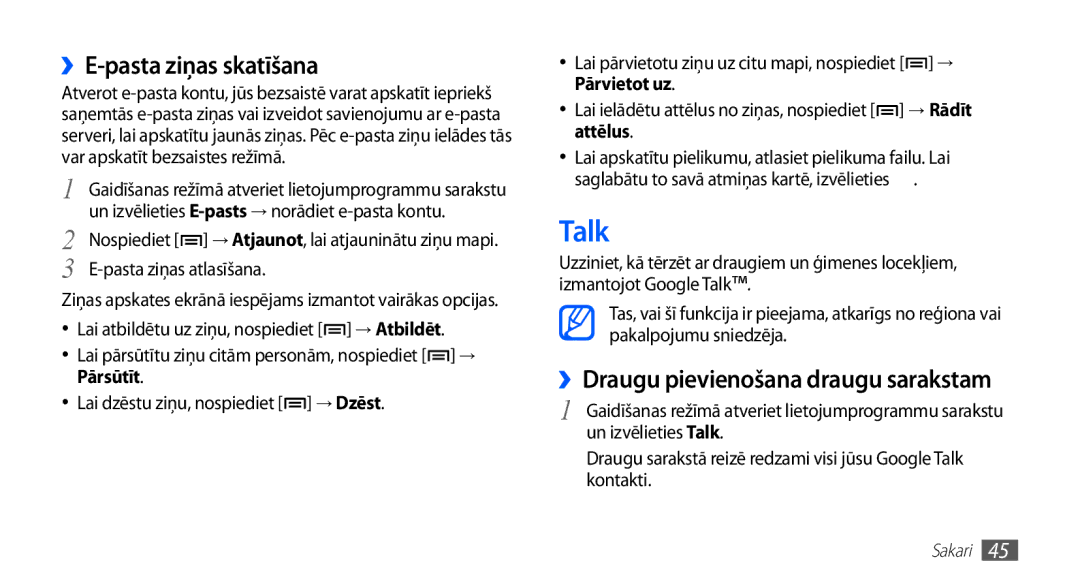 Samsung GT-S5570CWAOMT, GT-S5570EGASEB manual Talk, ››E-pasta ziņas skatīšana, ››Draugu pievienošana draugu sarakstam 