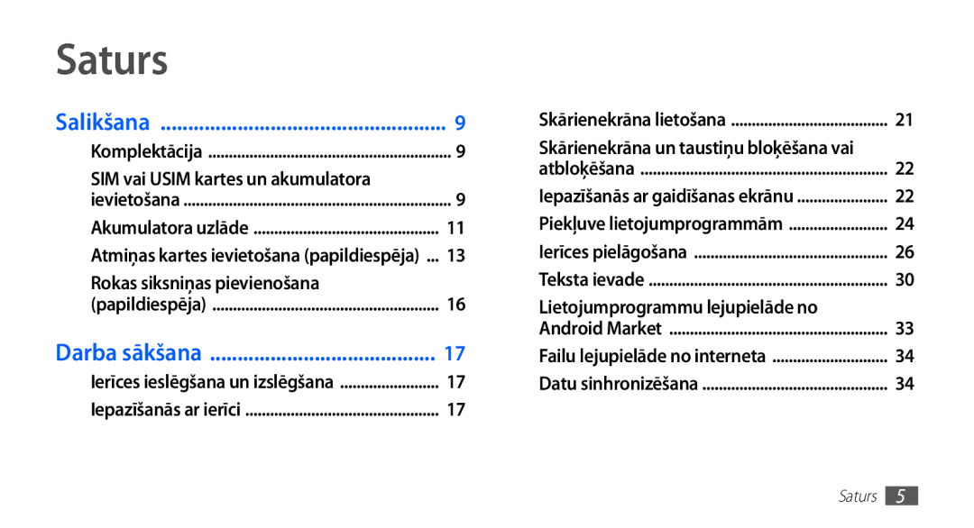 Samsung GT-S5570CWAOMT, GT-S5570EGASEB manual Saturs, SIM vai Usim kartes un akumulatora, Lietojumprogrammu lejupielāde no 