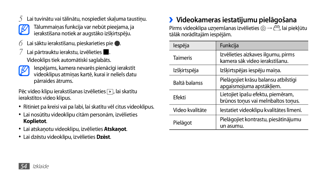 Samsung GT-S5570AAASEB manual ››Videokameras iestatījumu pielāgošana, Kamera sāk video ierakstīšanu, Video kvalitāte 