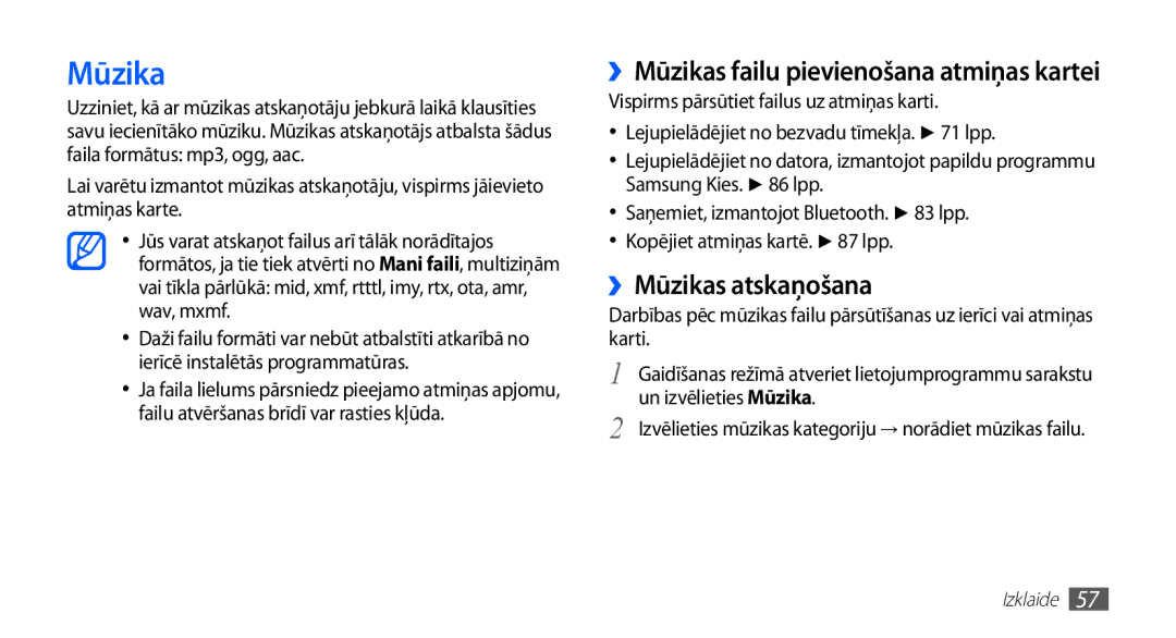 Samsung GT-S5570EGAOMT manual ››Mūzikas atskaņošana, ››Mūzikas failu pievienošana atmiņas kartei, Un izvēlieties Mūzika 