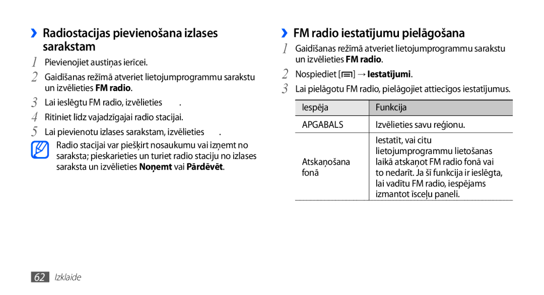 Samsung GT-S5570EGAOMT, GT-S5570CWAOMT ››Radiostacijas pievienošana izlases sarakstam, ››FM radio iestatījumu pielāgošana 