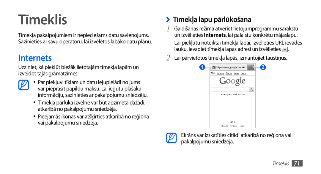 Samsung GT-S5570EGASEB, GT-S5570CWAOMT, GT-S5570EGAOMT, GT-S5570CWASEB manual Tīmeklis, Internets, ››Tīmekļa lapu pārlūkošana 