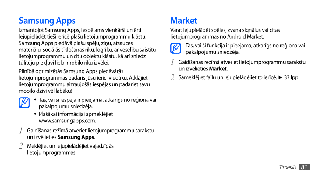 Samsung GT-S5570EGASEB, GT-S5570CWAOMT, GT-S5570EGAOMT, GT-S5570CWASEB, GT-S5570AAASEB manual Samsung Apps, Market 