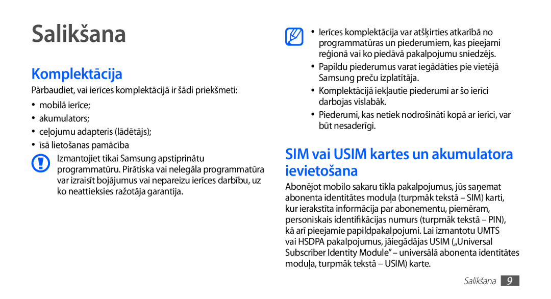 Samsung GT-S5570AAASEB, GT-S5570CWAOMT manual Salikšana, Komplektācija, SIM vai Usim kartes un akumulatora ievietošana 