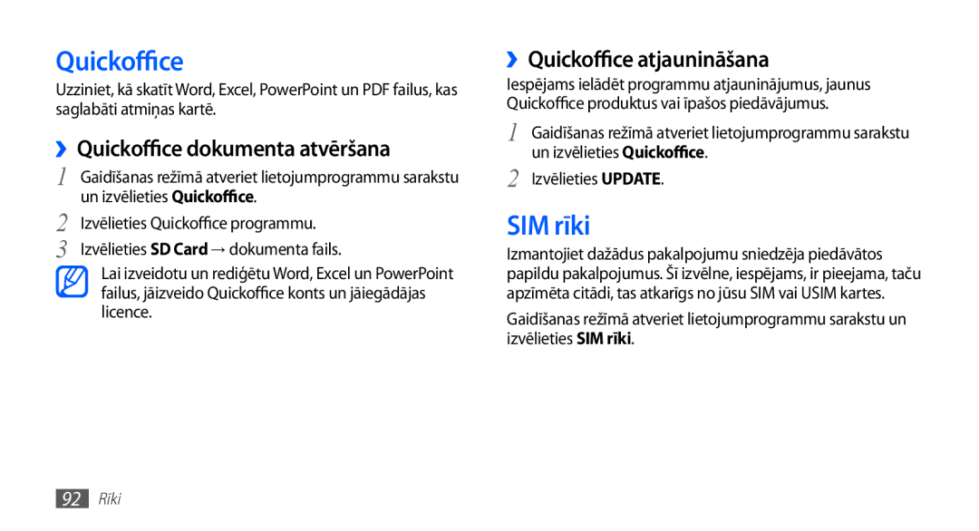 Samsung GT-S5570EGAOMT, GT-S5570CWAOMT manual SIM rīki, ››Quickoffice dokumenta atvēršana, ››Quickoffice atjaunināšana 