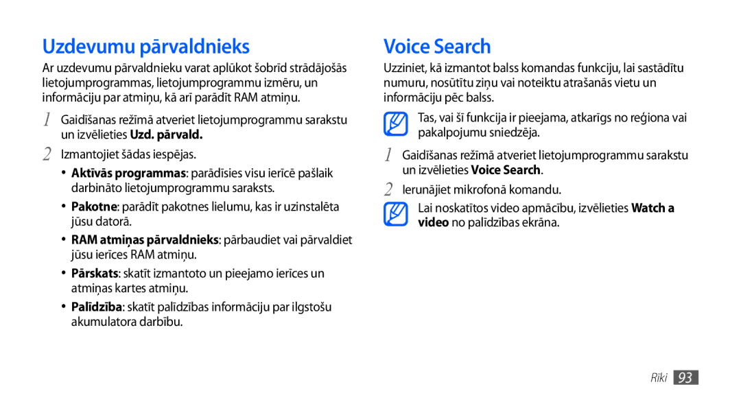 Samsung GT-S5570CWASEB manual Uzdevumu pārvaldnieks, Voice Search, Izmantojiet šādas iespējas, Ierunājiet mikrofonā komandu 