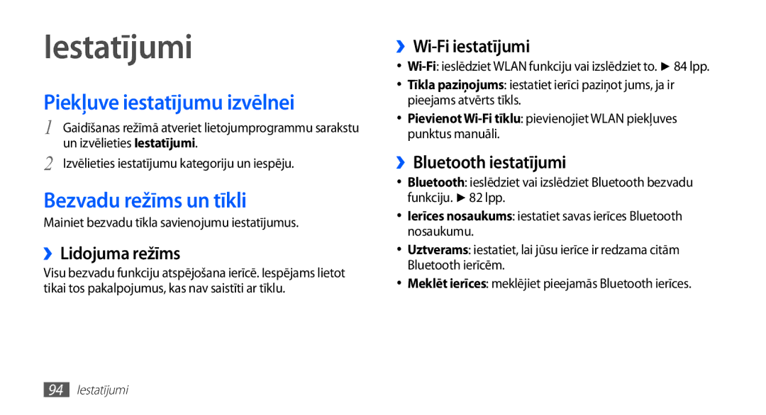 Samsung GT-S5570AAASEB, GT-S5570CWAOMT, GT-S5570EGASEB Iestatījumi, Piekļuve iestatījumu izvēlnei, Bezvadu režīms un tīkli 