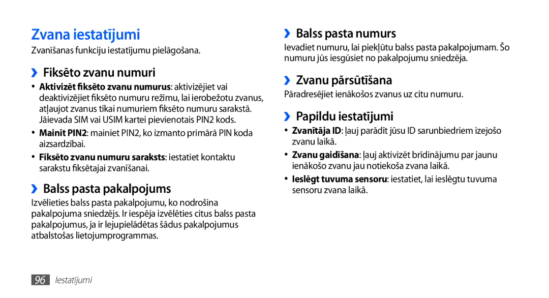 Samsung GT-S5570EGASEB, GT-S5570CWAOMT, GT-S5570EGAOMT, GT-S5570CWASEB, GT-S5570AAASEB manual Zvana iestatījumi 