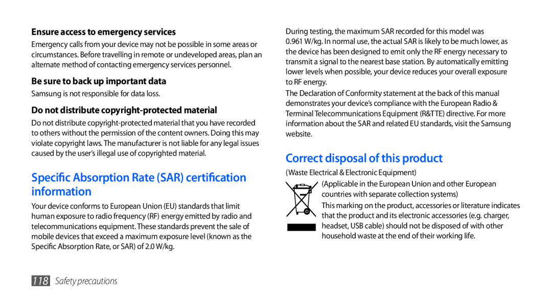 Samsung GT-S5570CWAAFR manual Specific Absorption Rate SAR certification information, Correct disposal of this product 