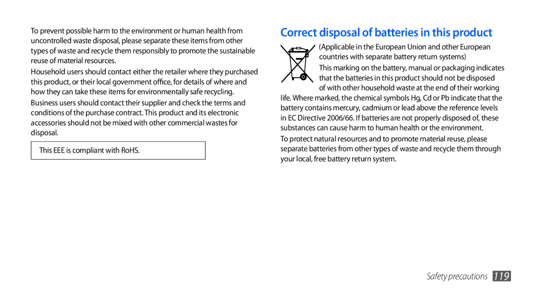 Samsung GT-S5570CWAECT, GT-S5570CWAVDR, GT-S5570AAAXEG, GT-S5570AAADBT manual Correct disposal of batteries in this product 