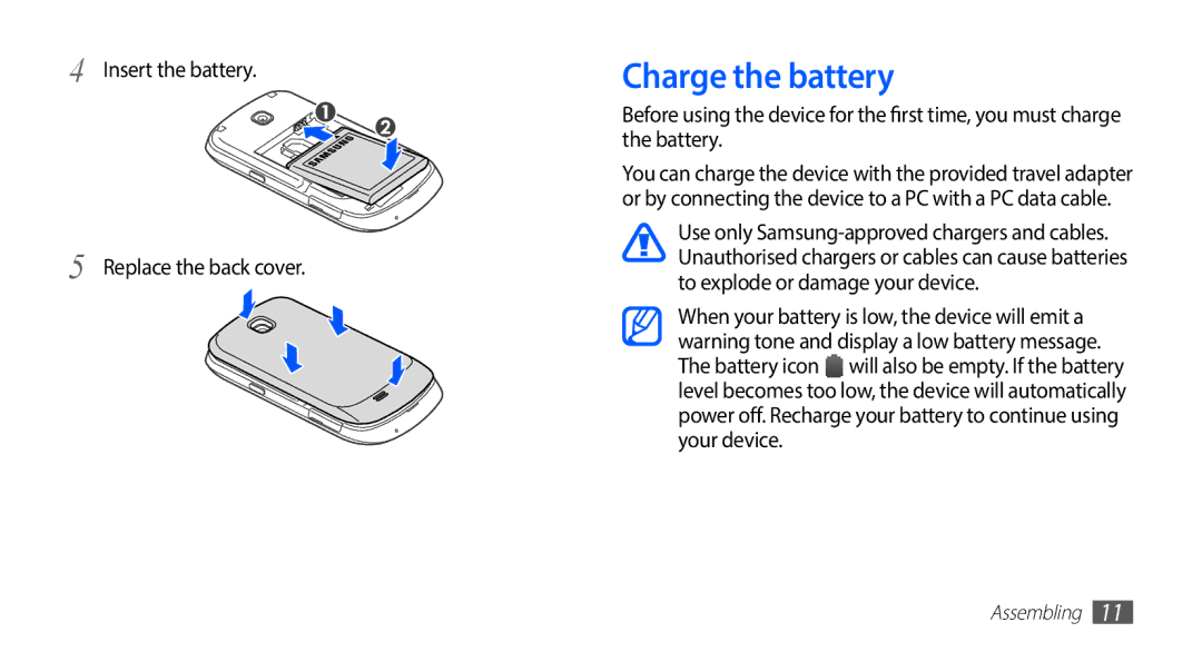 Samsung GT-S5570AAATMN, GT-S5570CWAVDR, GT-S5570AAAXEG manual Charge the battery, Insert the battery Replace the back cover 